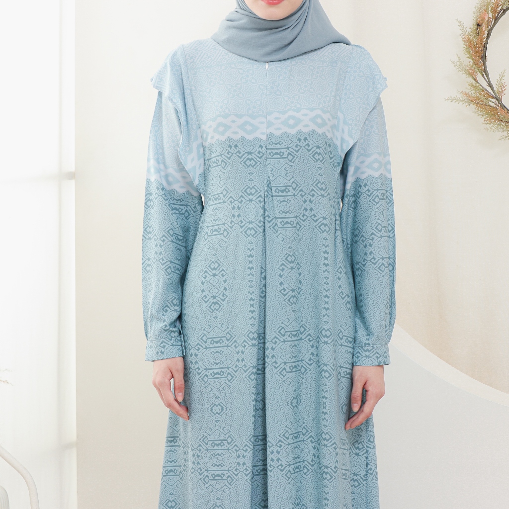 Lalucuku Collection Raya Dress  Gamis Aruna Wanita Motif Kekinian Busui Frendly Cotton Rayon Premium-Marine Blue