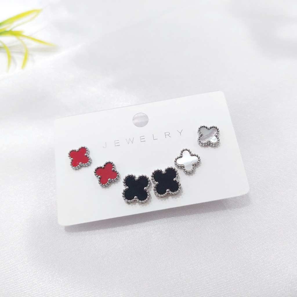 Anting Set Titanium Clover HItam Putih Merah Anti Karat - ATT 31 Anting Tusuk Giwang Subang Titanium