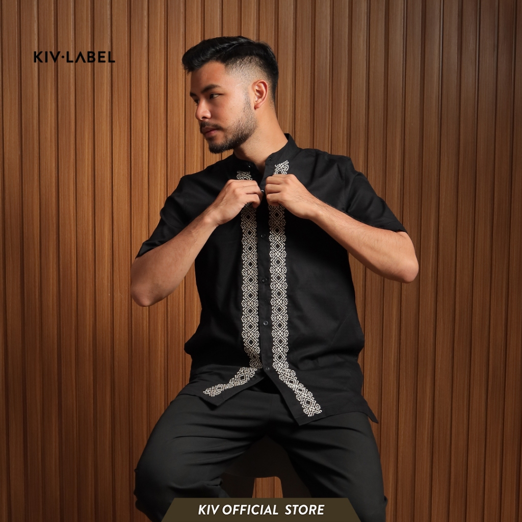 KIV LABEL Baju Kemeja Koko Pria Lengan Pendek Black Hitam Cream Sage Bordir  KKL 26