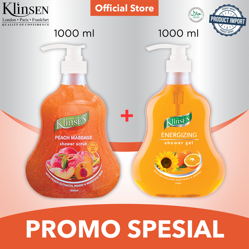Paket Sabun Mandi Cair Klinsen Peach Massage 1000 ml + Sabun Mandi Cair Klinsen Energizing 1000 ml