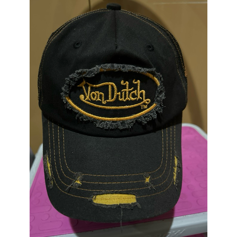 Topi sekon model jaring ripped Von Dutch Hitam Kuning