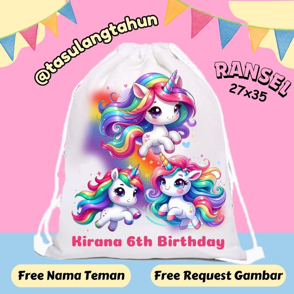 

Tas Souvenir Ransel Ultah GoodieBag Bingkisan Blacu UNICORN Princess cute rainbow