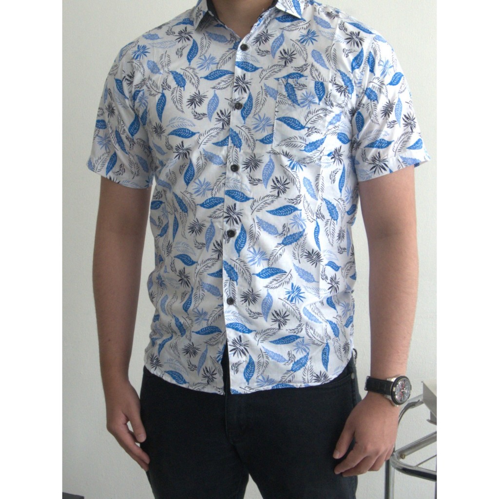 The.Epilog | Kemeja Pria Dewasa Lengan Pendek Putih Motif Daun | Kemeja Pria | Kemeja Santai | Kemej