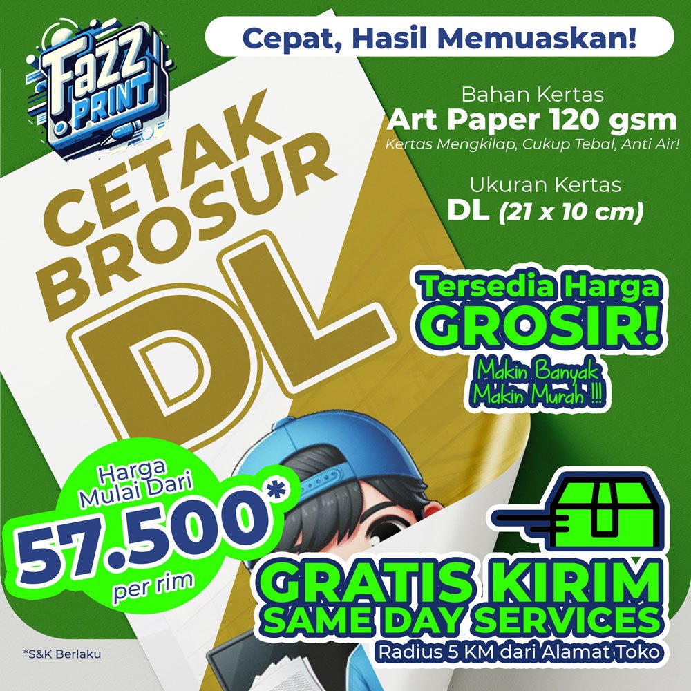

Cetak Brosur DL / A4 Bagi 3 / 21x10 cm Art Paper 120 gsm per Rim 1 Sisi / 2 Sisi, Tanpa Minimum Order