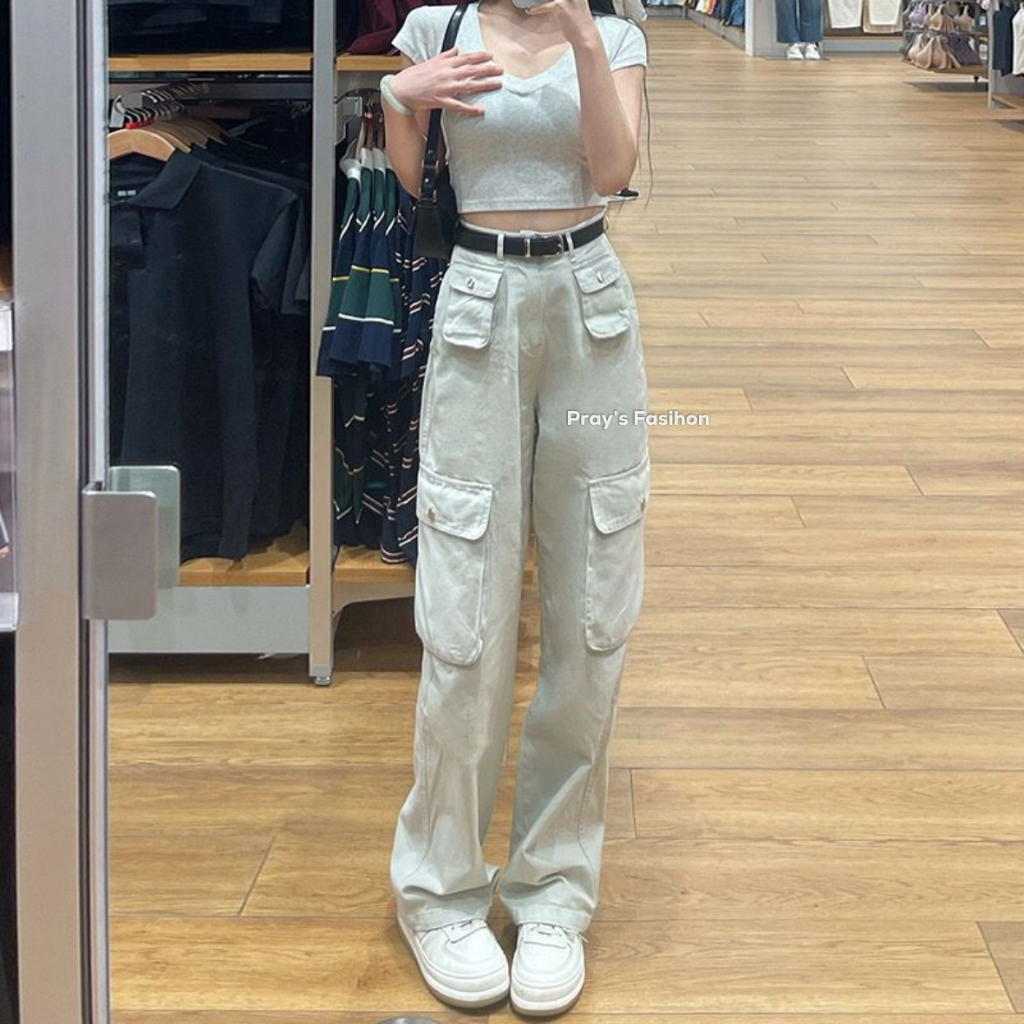 Prays Fashion - Cargo Denim Pasir Putih Highwaist Loose Celana Jeans Wanita Korea(realpict)