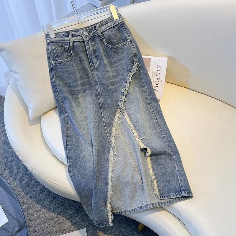 | kekinian factory | rok korean style jeans wanita panjang robek rok a line wanita denim skirt kekin