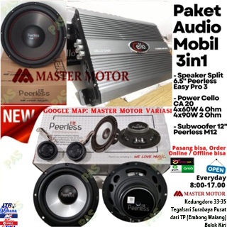 Paket Audio Mobil 3in1 Speaker Split 6.5" Peerless Easy Pro 3 Power Amplifier Cello CA 20 4channel S
