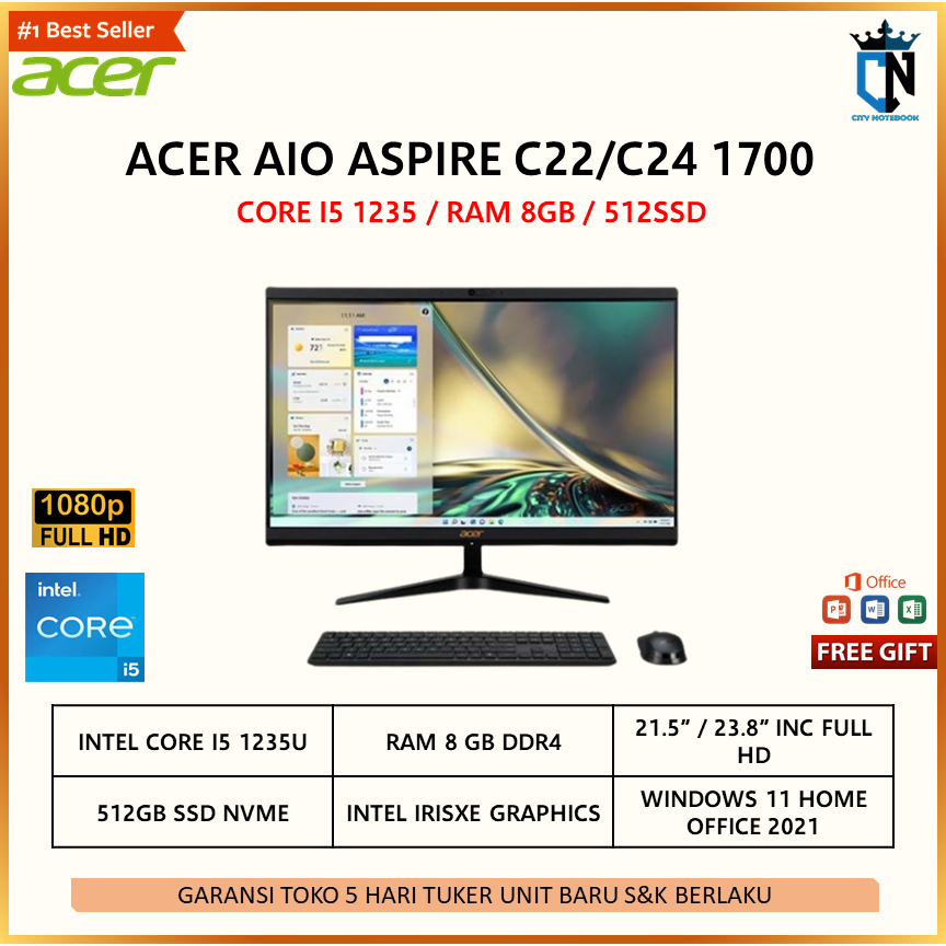 PC AIO Acer Aspire C22/C24 1700 Core i5-1235/8GB/512GB/W11+OHS/21.5 FHD