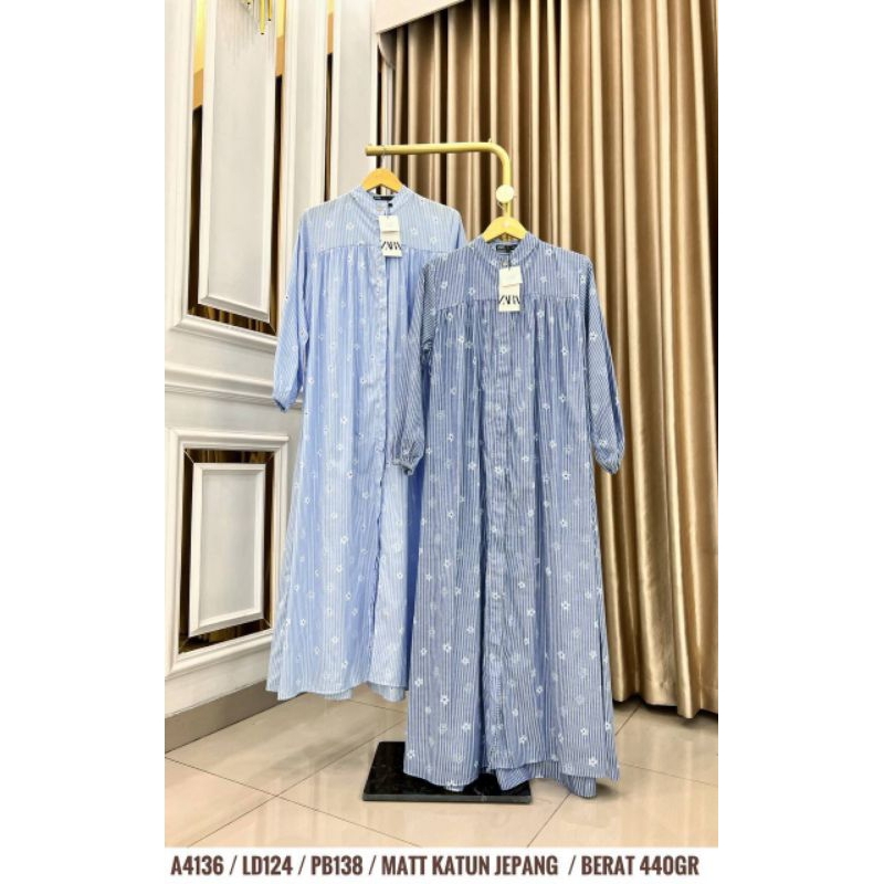 Gamis silang katun jepang motif salur bunga