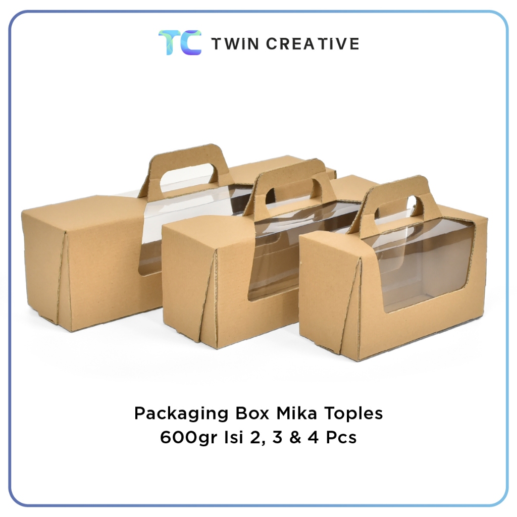 

Packaging Box Kardus + Mika Toples Jar 600gr Muat 2 Pcs / Gable Box / Kotak Hampers Isi 3 dan 4 Toples - Box Corrugated
