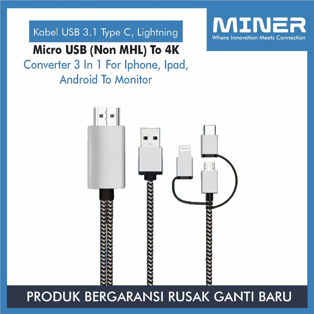 MINER Kabel USB 3.1 Type C, Lightning, Micro USB (Non MHL) to HDMI 4K 60Hz Converter 3 In 1 for Iphone, Ipad, Android to Monitor/TV Kualitas Premium