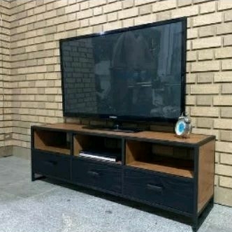 meja tv minimalis modern rangka besi kombinasi jati