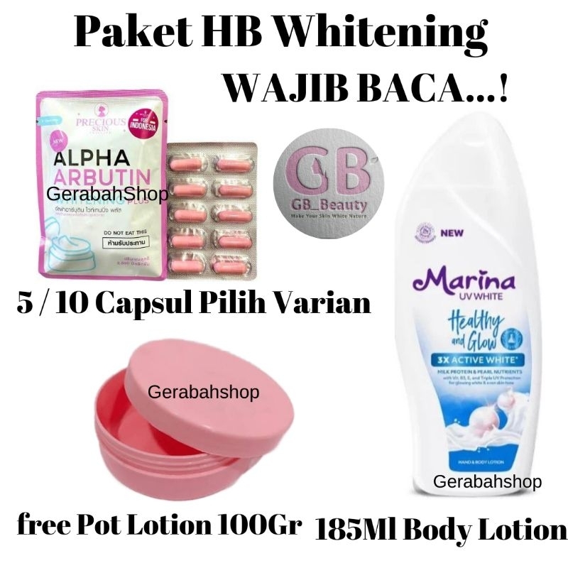 Paket Hb Whitening Bubuk Pemutih Badan Alpha Arbutin Marina Body Lotion Bubuk Capsul Alpha Arbutin G