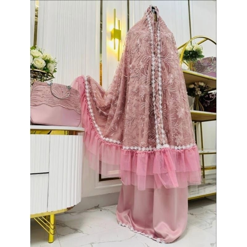 mukena dewasa brukat tile tas handle besi