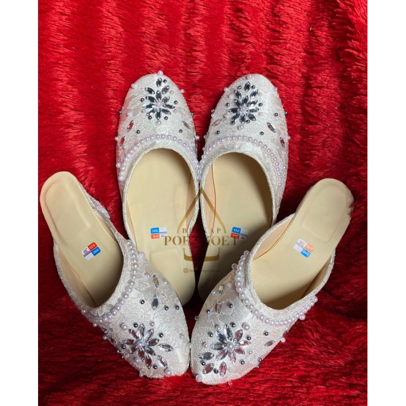 Sendal sepatu selop pengantin pria wanita hak tahu broken white murah