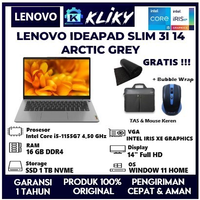 Laptop Lenovo Ideapad Slim 3i Intel Core i5 Gen 11 Ram 16Gb Ssd 1 Tb Layar 14" Full HD Grey | Laptop Kerja Lenovo | Laptop Kuliah Lenovo