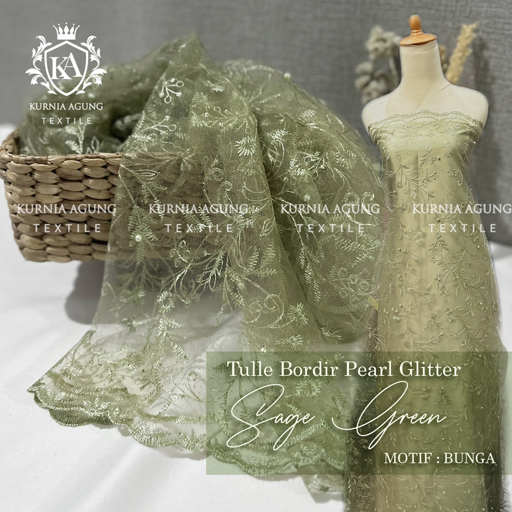 Promo Kain Brokat Tile Bordir Bahan Gaun Dress Kebaya Motif Bunga Warna Sage Green Per 0.5M Lebar