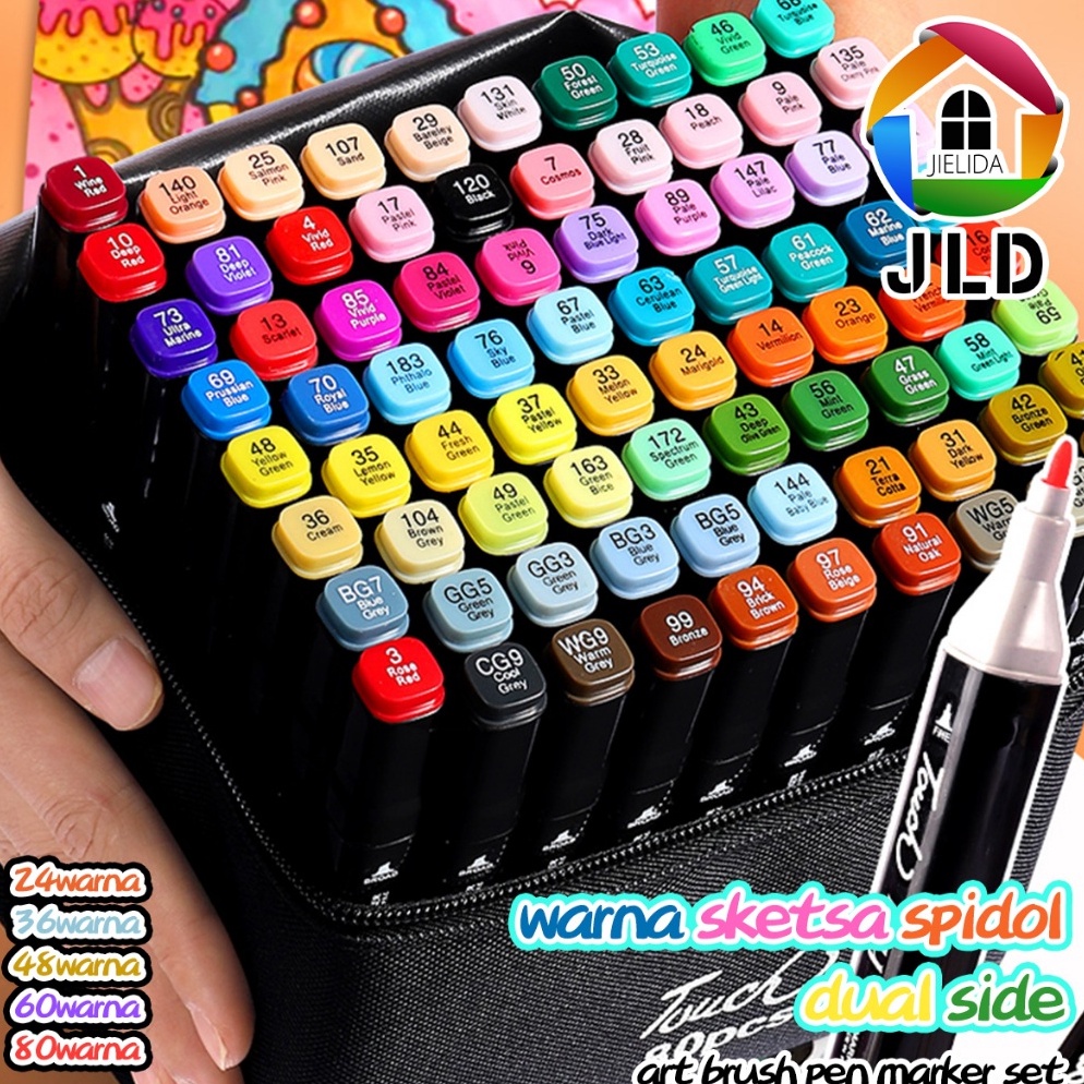 

RMN842 Terlaris JieLiDa Spidol Warna Stabilo Touch 24364868 Warna Dual Side Fine Art Brush Pen Sketsa Animation Markers Twin Market Set Spidol