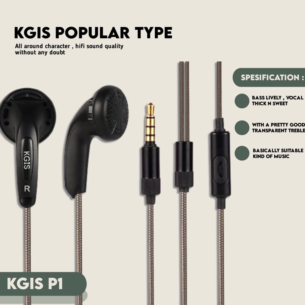 TERMURAH KGIS P1 HiFi Sound Bass Earphone Durable Cable Headset With Mic