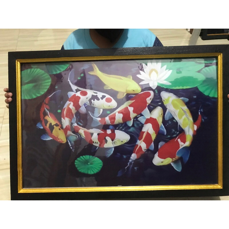 lukisan cetak gambar ikan koi 1 bunga teratai plus bingkai