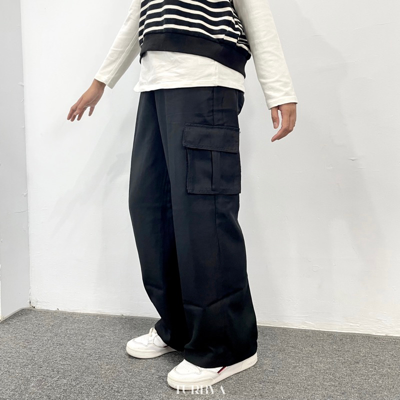 Nana Cargo Pants | celana panjang cargo Loose/Baggy wanita | bahan polyester twill