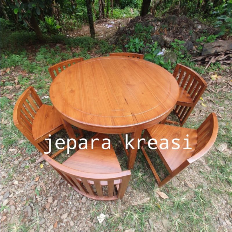 meja makan bundar minimalis 6 kursi kayu jati, meja makan minimalis modern 6 kursi kayu jati