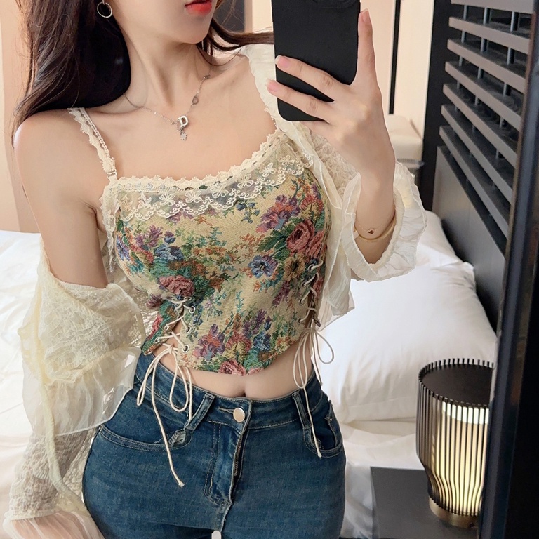 ART R99B Korset crop top Vest Retro Model Floral Fit Lace Vest vintage