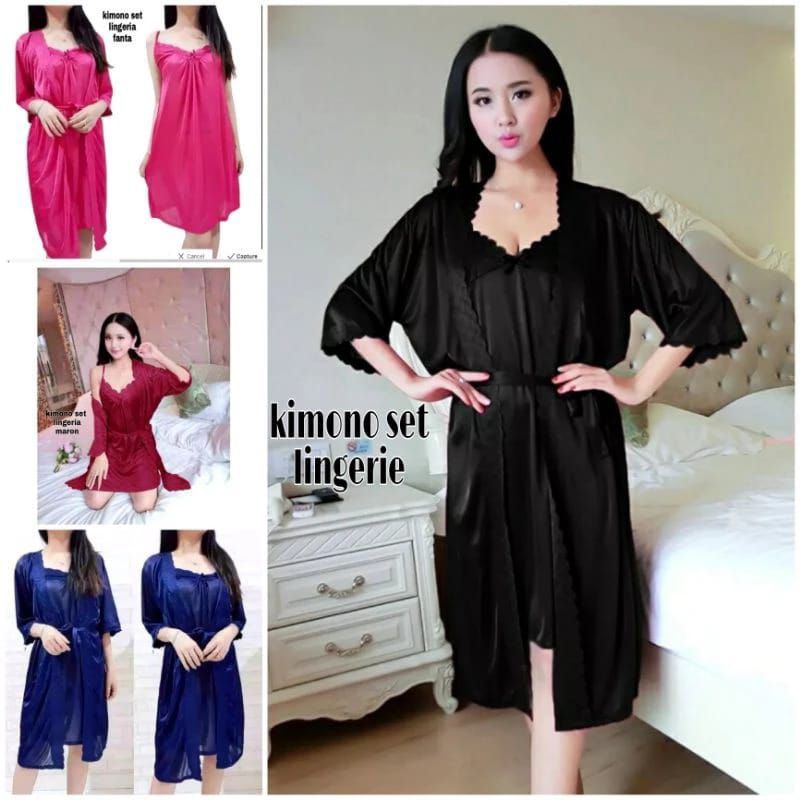 Ay00 BAJU TIDUR KIMONO LINGERIE SEXI SET 2IN1 TRICOT SATIN