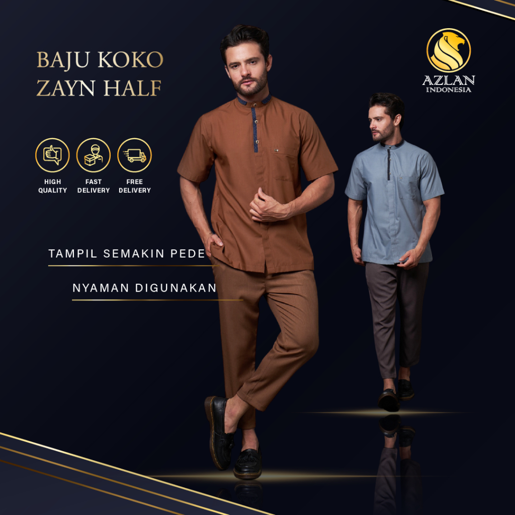 AZLAN Indonesia - Kemeja Koko Pria Kemko Zayn Half Baju Muslim Cowok Dewasa Berkualitas
