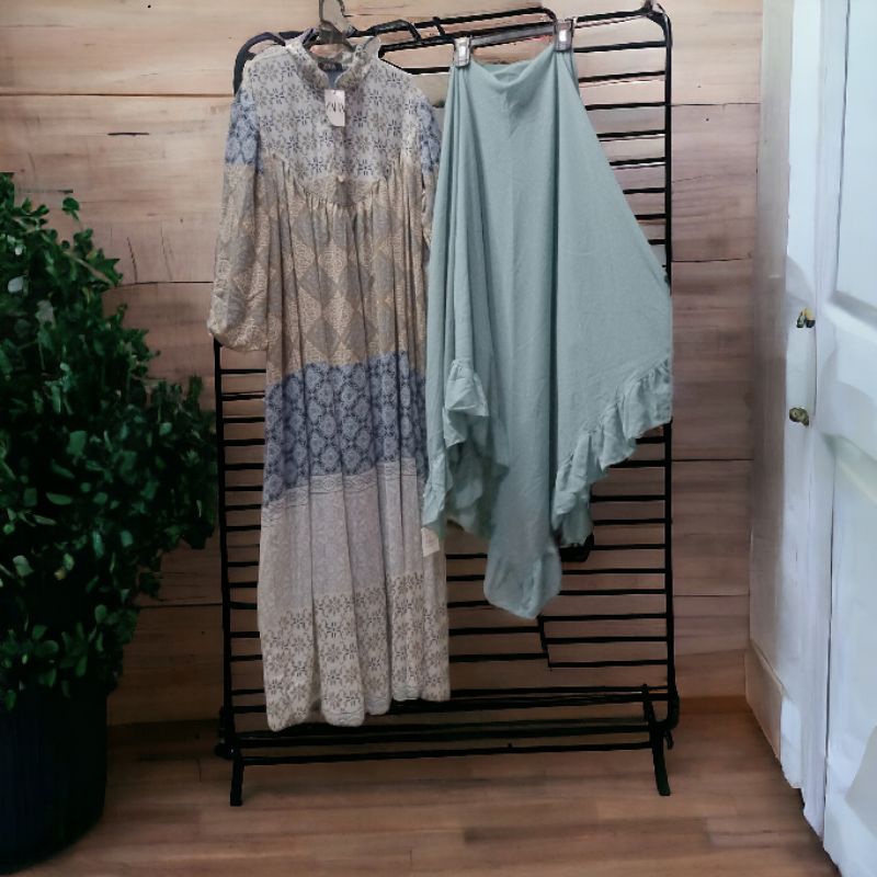 Gamis syar'i, set hijab segiempat jumbo Ceruty
