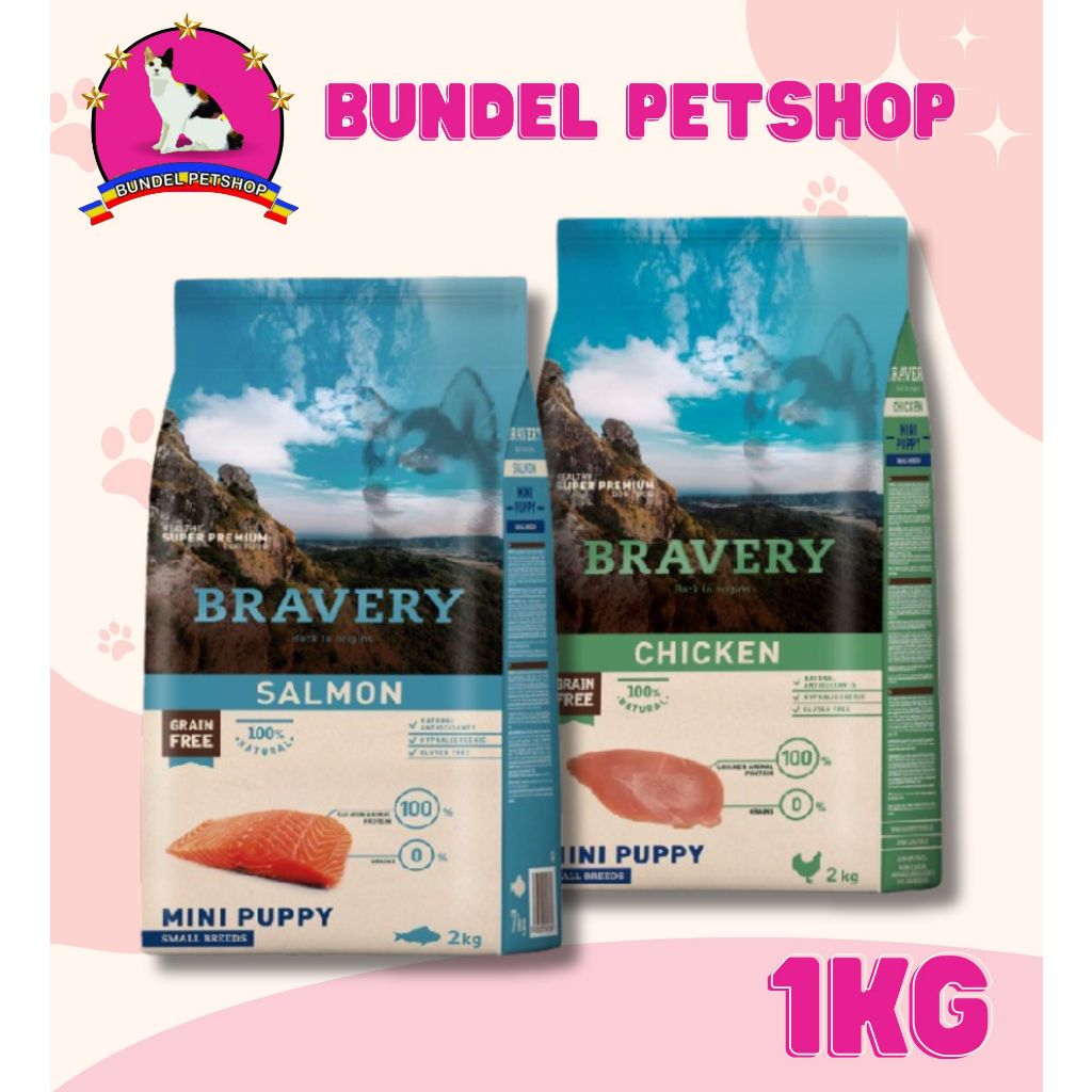 BRAVERY MINI PUPPY 1Kg Small Breed - Makanan Anak Anjing Rasa Salmon Chicken Kering / Dry Dogfood Gr