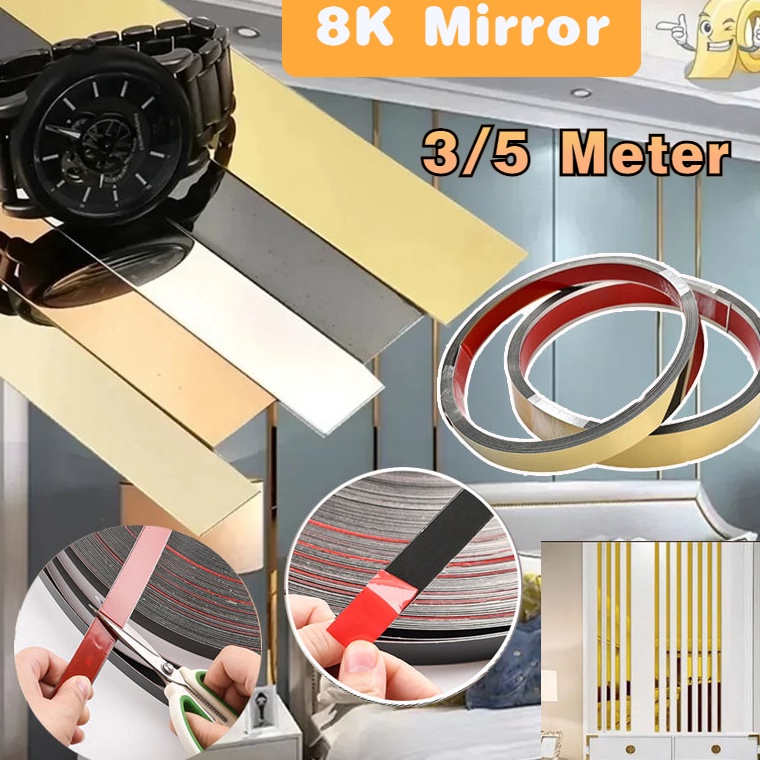 BIG SALE 35 Meter List Plat Strip Stiker Gold Strip Cermin 3D Berperekat Cermin 8K Mirror Strip Deko