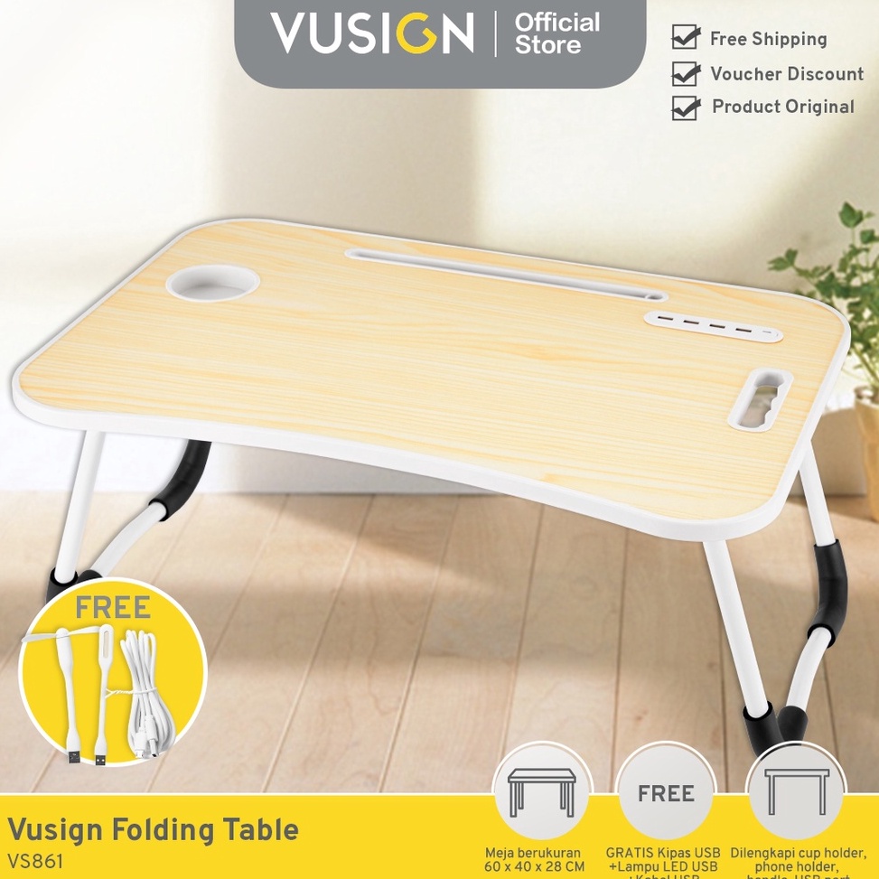 Terbaru Vusign Folding Table Meja Belajar Laptop Lipat WarnaWarni Dengan USB Port Bonus Kipas dan Ka