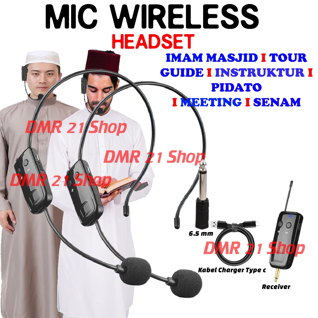 Microphone Mic Clip On Wireless Imam Masjid Bando UHF 2.4G Mikrofon Telinga Jepit Presentasi Tur Musholla Call Center Headset Instruktur Senam Muazin
