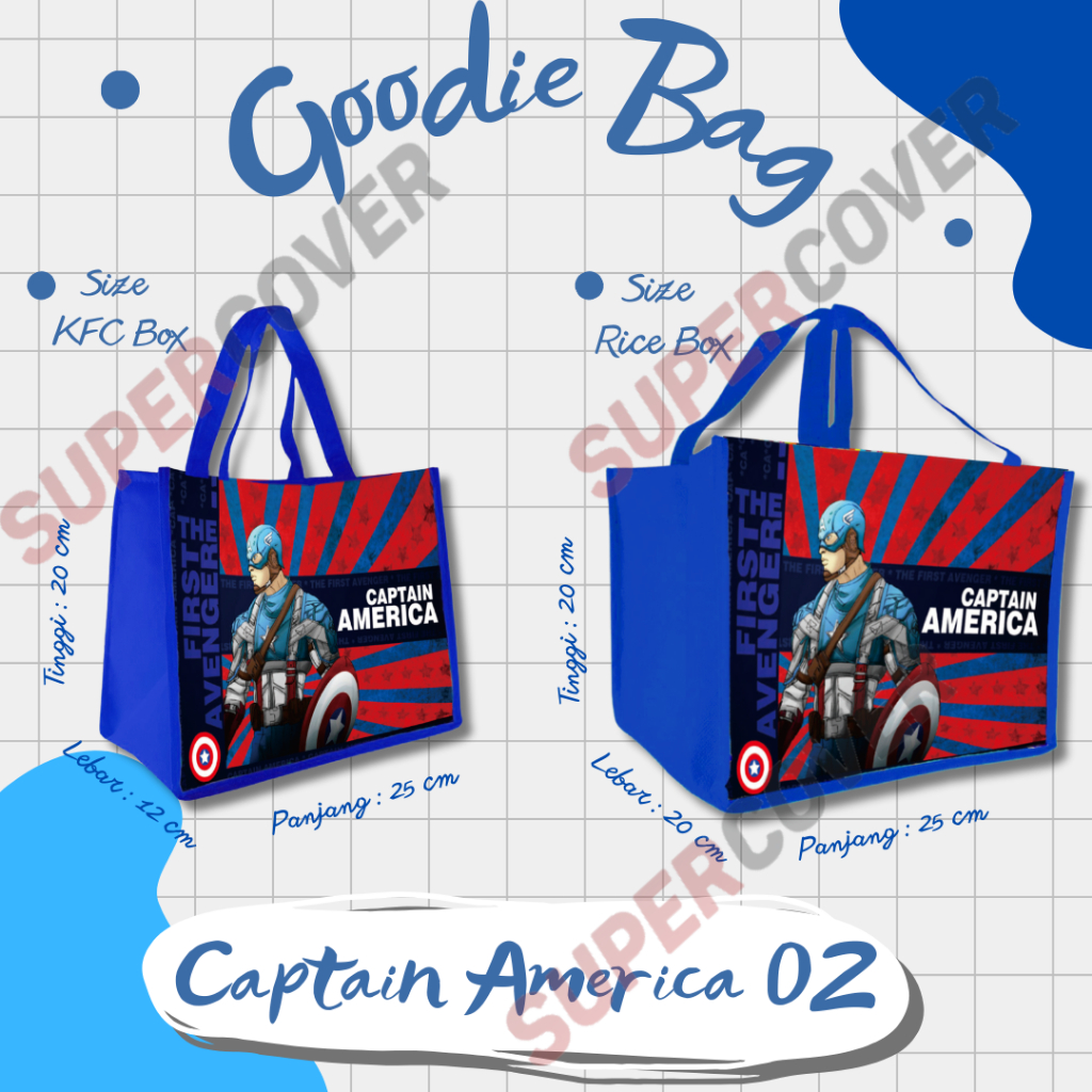

Goodie Bag Gambar Kartun Captain America 02 Warna Biru Tua Untuk Acara Ulang Tahun, Aqiqah, Sunatan Dan Lain lain.