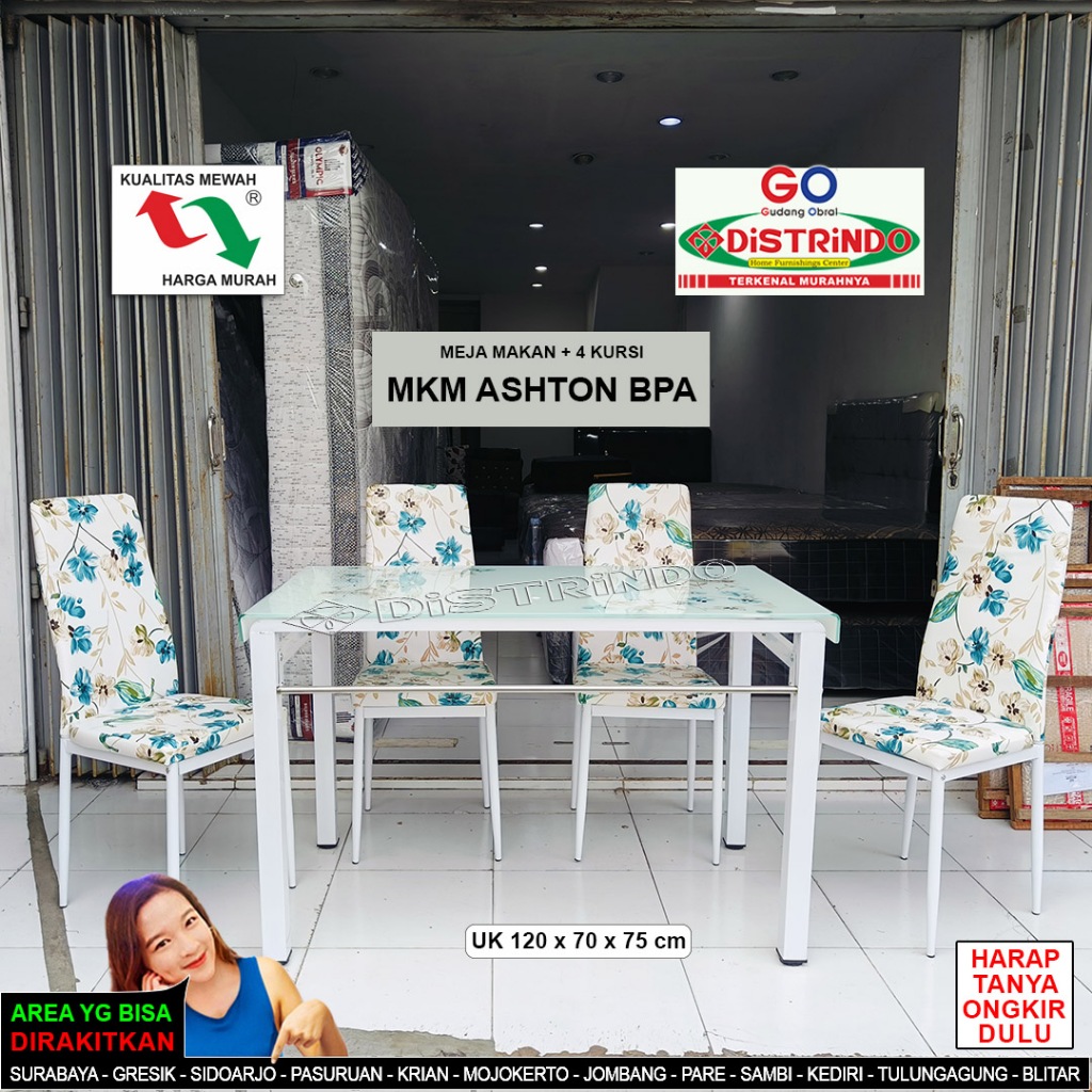 DISTRINDO Meja Makan + Kursi Minimalis  / Meja Makan Kaca / Meja Makan Kaki Besi