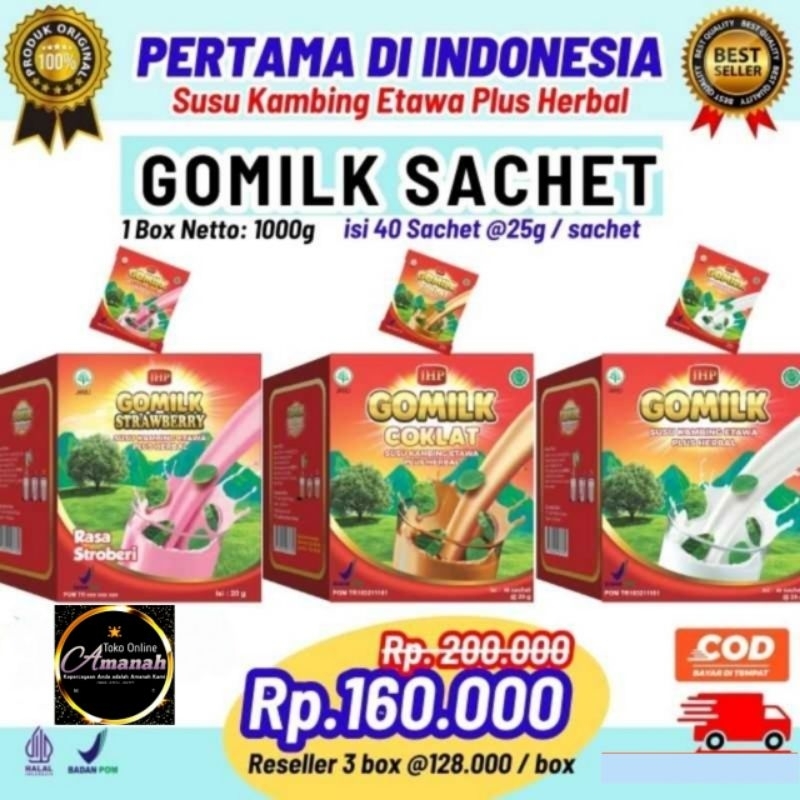 

GOMILK SACHET 1 BOX 1kg , isi 40 Sachet @25g - Susu Kambing Etawa Gomilk