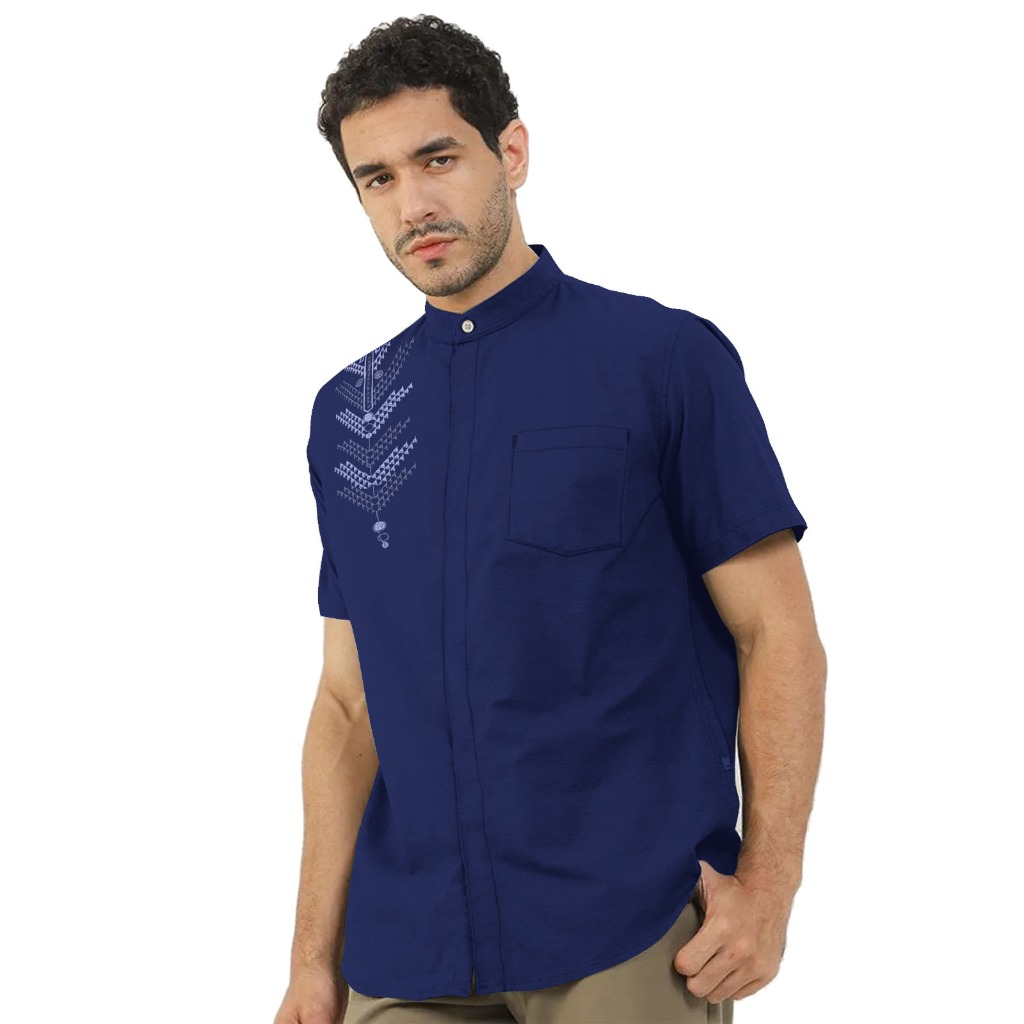 Al Jabari - Baju Koko Pria Dewasa Lengan Panjang Lengan Pendek / Baju Muslim Pria Bordir Motif Simple Bahan Katun Mikro Premium-Sapphire Blue
