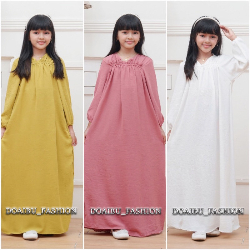 Daster Fuji Anak Long Crinkle Airflow Premium | Dress Fuji  Anak Lengan Panjang Berkerut Dada Kerut