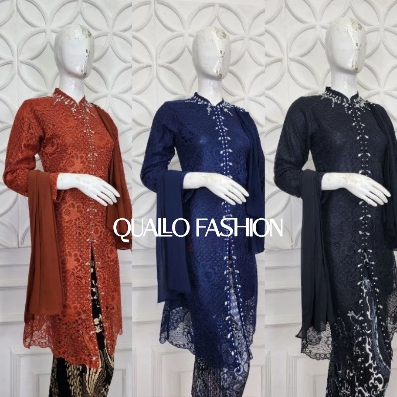 Quallo | Set Kebaya Shanghai Brokat Selendang | Tunik Brokat Selendang Payet | Tunik Shanghai Brokat