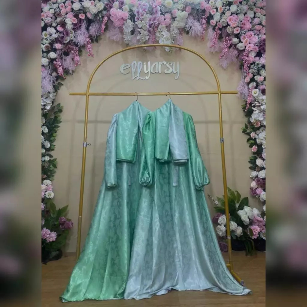 ELLYARSY PREMIUM LIANA SET GRADASI SILK EMBOS OUTER MENYATU + HIJAB SEGIEMPAT