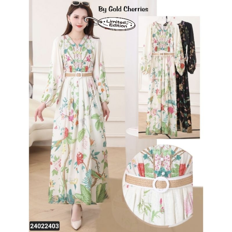 Maxi Dress Gamis Import Gold Cheries Hitam Cream Foresta (FCODI1238)