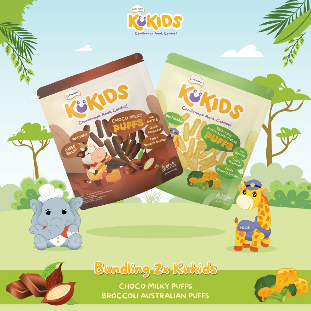 

Bundling Kukids 1 Pouch Choco Milky + 1 Pouch Broccoli Australian Puffs Cemilan Anak Sehat by Ina Cookies