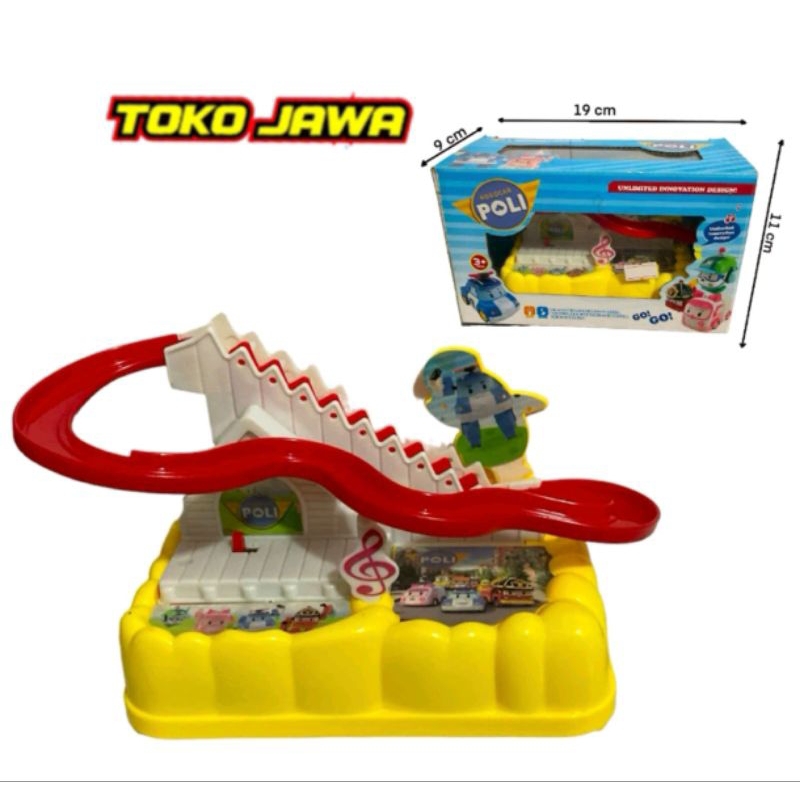 Mainan Seluncuran Otomatis Naik Tangga Poli dan tmn2 Track Balap Berlampu dan Music