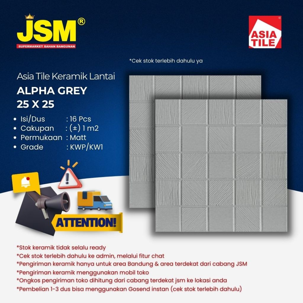 Asia Tile Keramik Lantai Kamar Mandi Alpha Grey Matt 25x25 - JSM Supermarket Bahan Bangunan