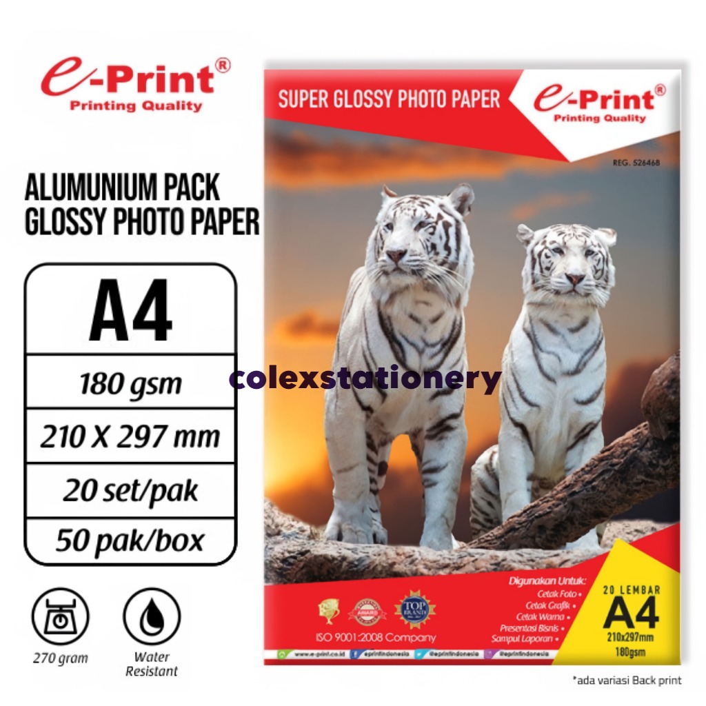 

Kertas Foto Aluminium / Glossy Photo Paper Alumunium Pack Ukuran A4 180gsm Isi 20 Sheets E-print