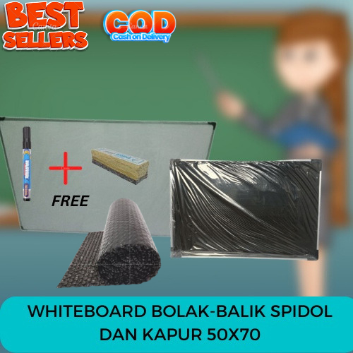 

Whiteboard/Papan Tulis Gantung Bolak Balik Spidol dan Kapur Tulis 50X70 Free Spidol & Penghapus dengan Bubble Wrap