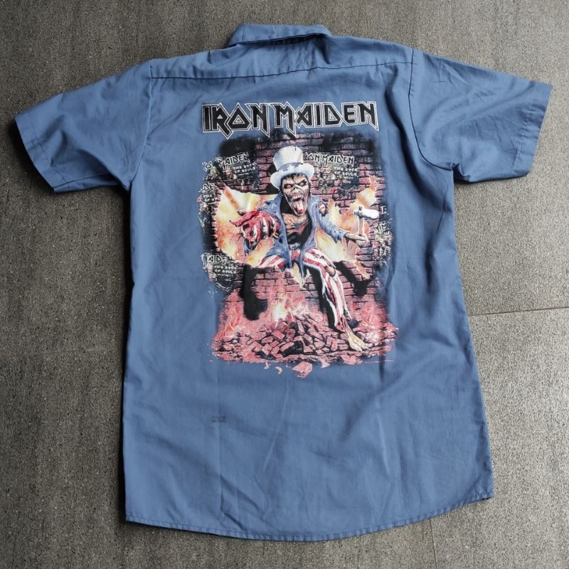 kemeja workshirt red kap iron maiden unofficial screen print like new