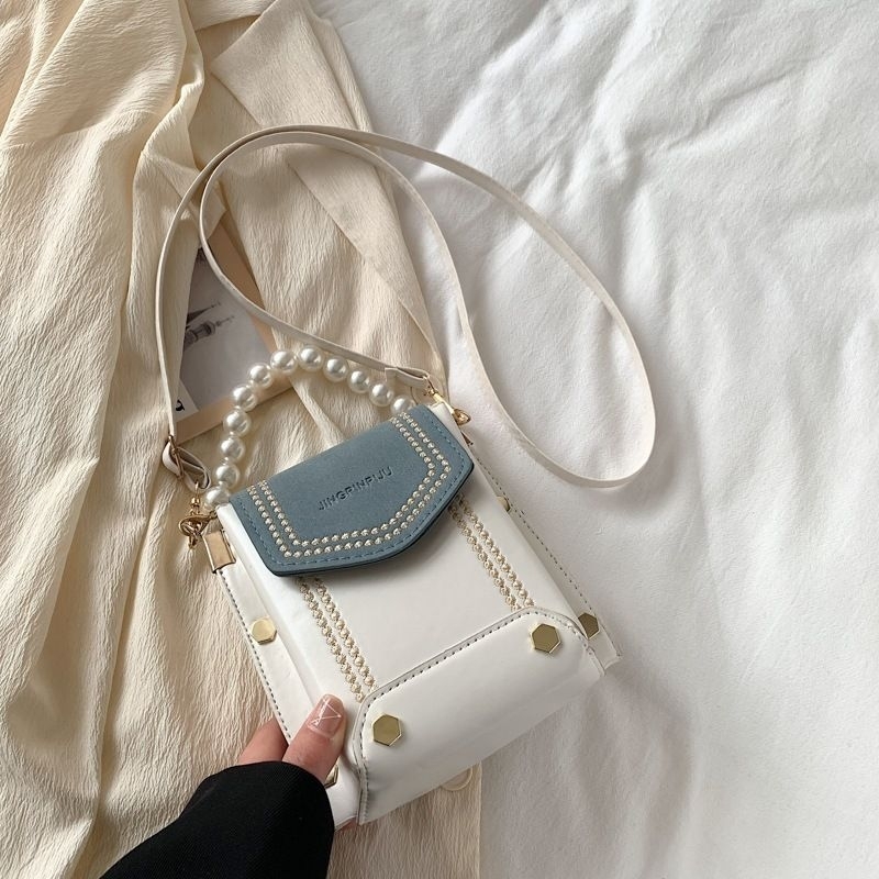 Tas selempang rantai mutiara | tas bahu kotak kecil kasual vertikal | tas simple | tas casual | tas 