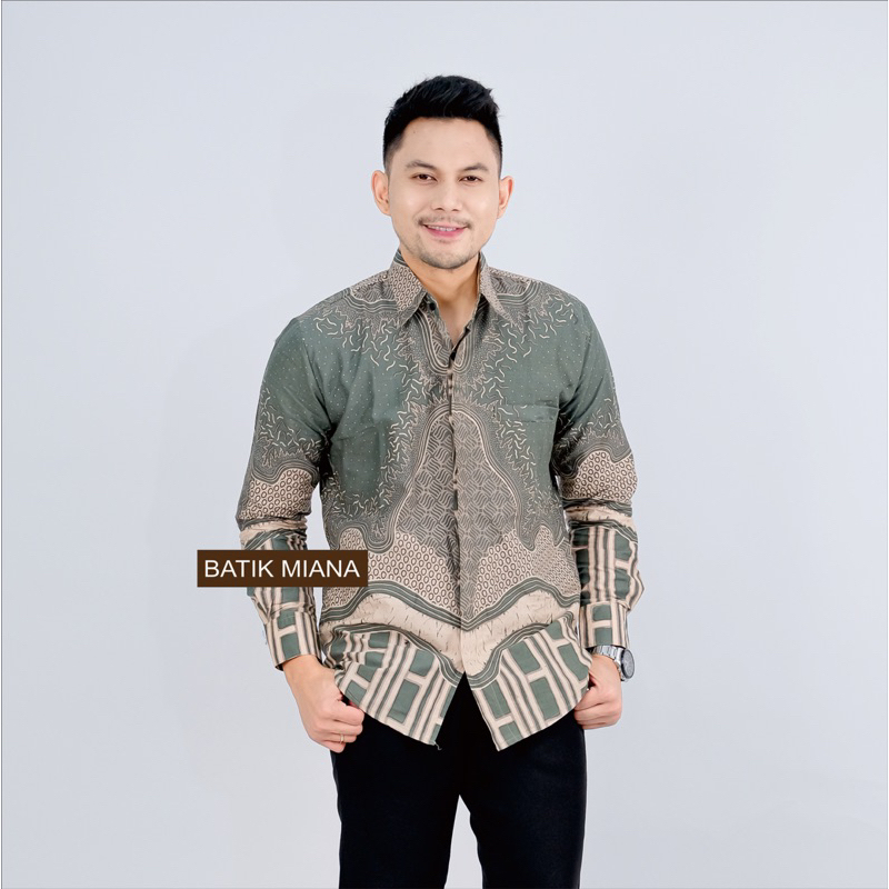 Kemeja Batik Pria Katun Halus Lapis furing Baju Hijau Sage Cowok Lengan Panjang Outfit Keren